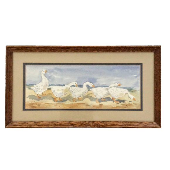 Vintage Original Watercolor of Geese on the Beach